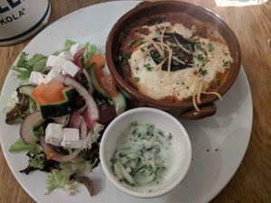 Vegan moussaka. Nice rich flavors of tomato and beans, topped with tasty vegan cheese at Tati in Nijmegen