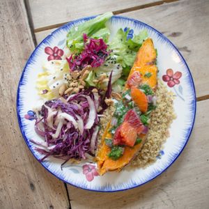 Roasted sweet potatoes, orange salsa, and quinoa salad.
Fresh & delicious ! at Cantine Vagabonde in Paris