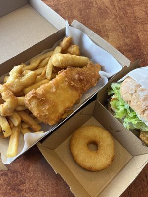 Fishless Basket, Fysh Burger and Pineapple Fritter   at All Aboard Seafoods in Bellevue