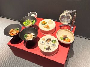 Our tasting course features an appetizer, three creative dishes, Oshizushi (pressed sushi), Ramen, and a refreshing Micro-green sherbet. at Barrier in Fujisawa