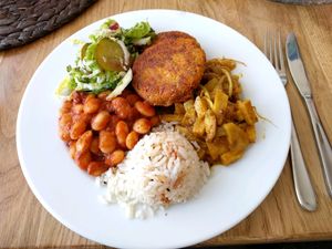 Meal of the day: celery curry, beans and veggie patties at Magiczne Smaki in Rzeszow