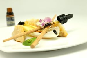 Vegan Spicy Chinese Dumplings with Caviar and CBD cannabis Sauce at Organic Livity - Brick Lane in East London