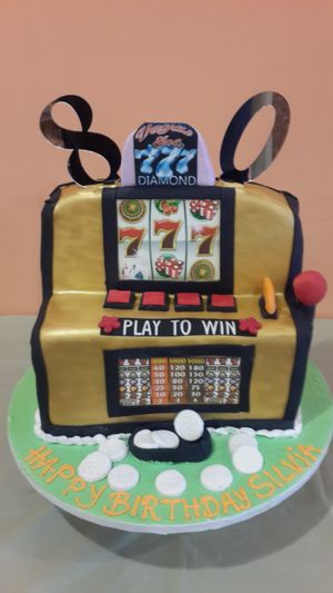 Slot Machine theme cake for 80th birthday at Rose Valley Cakes in Queens