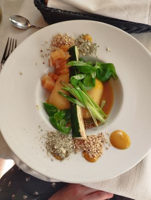 Corn stew with caramelized kohlrabi, leek, hazelnuts, pumpkin sauce with green pepper at Oštarija Herbelier in Dolenjske Toplice