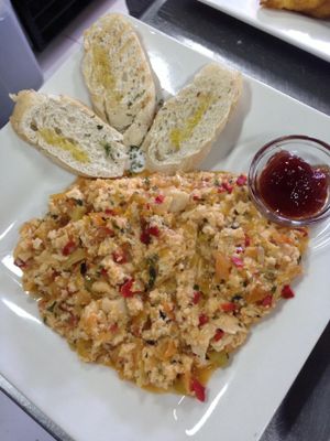 Delicious Vegan Scramble 'Eggs'. at Dodo Bon Pan Cafe in Panama City