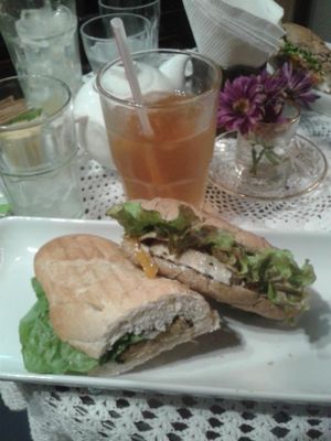 Tea, half vegan turkey sandwich and half salmon sandwich at Dodo Bon Pan Cafe in Panama City