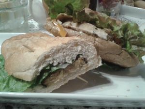 Half turkey and half salmon vegan sandwiches in whole multigrain bread and white bread at Dodo Bon Pan Cafe in Panama City