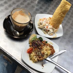 Cafe con soja leche & 2 Tapas  at Cafe Atelier in Salamanca