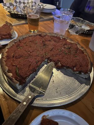Vegan deep dish pizzaa  at The Warehouse in Chicago