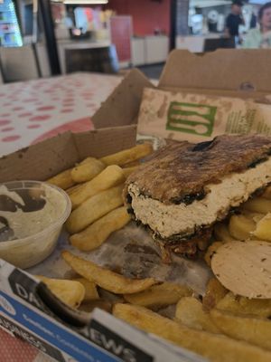 Vegan fish and chips. Can see the nori in  between the batter and tofu. at Eco - Marina Market - Food Stand in Cork