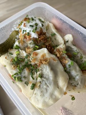 Vegan mushroom and cheese wareniki with schmand (take away)  at Kibinas in Leipzig