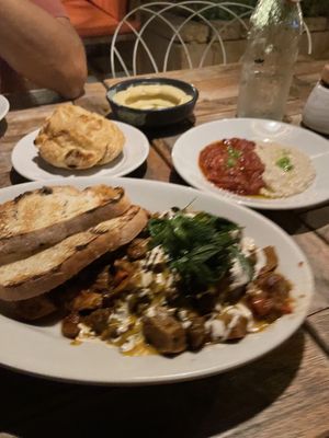 Mushroom Shawarma, Baba Ganoush, Hummus Plate   at NENI - Mallorca Es Trenc in Mallorca