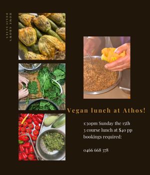 vegan event this Sunday 15.02 at Athos Cafe Deli in Strathmore