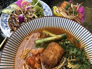 Pineapple Shoyu Ramen, Pickles, vegan Chicken  at House of Seitan - Piwna in Gdansk