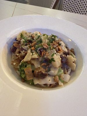 Creamy cheese Fettuccine with Sacha Inchi seeds  at NYC Vegan Bistro in Brooklyn