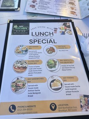 Excellently priced lunch special on all days (including weekends) - they also have good daily specials, eg $10 extra for an appetizer and drink when you order a main entree  at NYC Vegan Bistro in Brooklyn