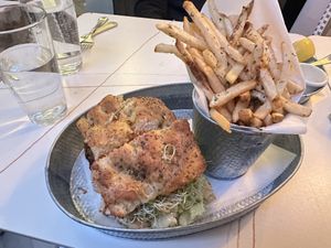 CEO burger lunch special with fries  at NYC Vegan Bistro in Brooklyn