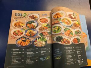 Vegan menu page at SEE FAH Restaurant in Bangkok