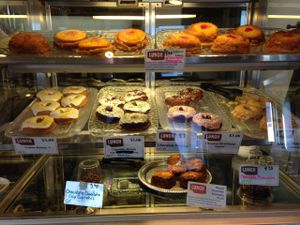 Bakery case with vegan donuts at LUNCH Cafe and Eatery in Fairbanks
