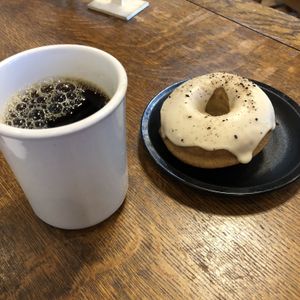 Caramel coffee salt donut and coffee at LUNCH Cafe and Eatery in Fairbanks