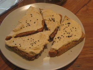 Marrakesh breakfast:  sourdough bread with hummus at Deli Bluem in Vienna
