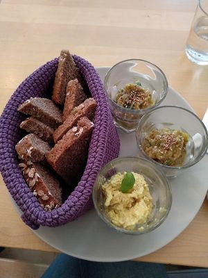 rye bread with eggless mayo and baba ganoush at Deli Bluem in Vienna