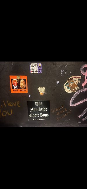 Fun stickers in their bathroomm  at Blackened Coffee Co - Pop Up in Columbus