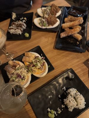 Baos, spicy tofu fries, green dragon roll.  at Roku Den in Torquay