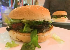 Mushroom burger (front) & Lentil burger (rear) at Lentil as Anything - Preston in Preston