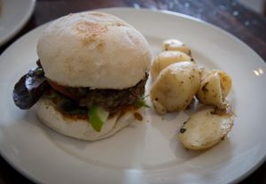 Vegan Burger with fries at Lentil as Anything - Preston in Preston