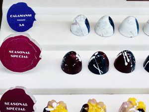 Chocolate display featuring vegan-friendly calamansi.  at Janice Wong at the Supertree in Central Singapore