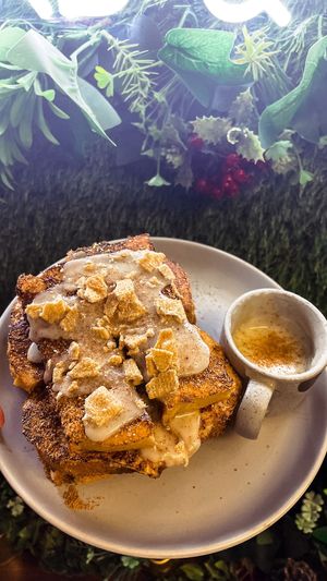 Vegan cinnamon bun French toast   at Rhubarb & Mustard in Nuneaton