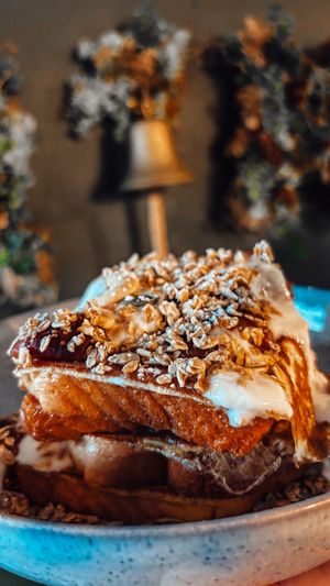 Vegan yogurt & granola French toast   at Rhubarb & Mustard in Nuneaton