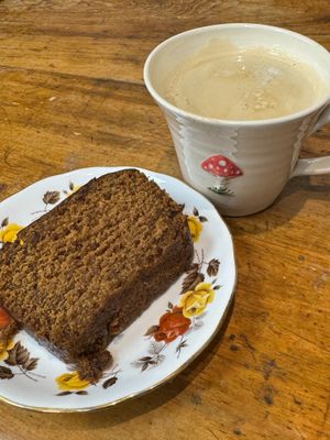 Vegan ginger cake and cocnut milk latte at The Flower Studio in Port Erin