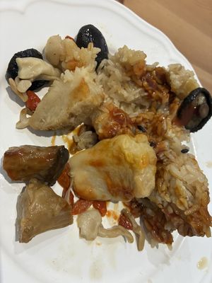Inside of a sesame oil lion’s mane mushroom rice dumpling (I added my own soy paste and sriracha)  at Heart Home in Taipei