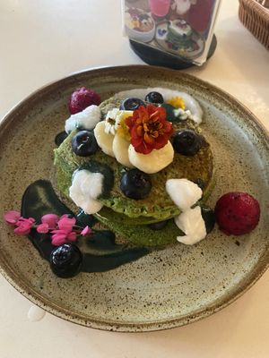 Spinach Pancakes with Vegan Yogurt and Fruit  at Zenith Cafe in Ao Nang