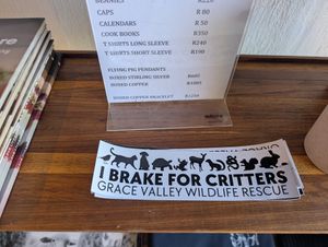 Merch from wildlife rescue orginization at Art of Compassion in Greyton