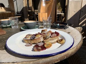 Plant based french toast enjoyed in the outdoor seating area   at Foodstory Cafe in Aberdeen