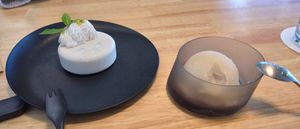 Cheesecake (left), oat-milk ice cream (right) at JoGeSaYu in Hiroshima