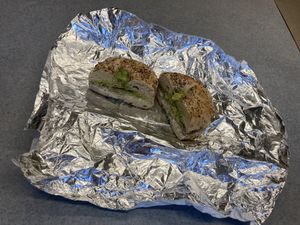 Vegan Salino (beyond meat, avocado, tofu cream cheese, sprouts on a bagel)  at Tompkins Square Bagels - Upper East Side in New York City