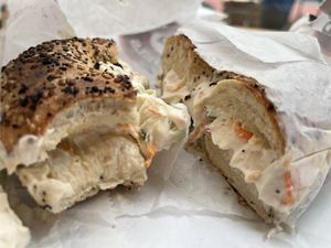 Everything bagel with veg tofu spread   at Tompkins Square Bagels - Upper East Side in New York City