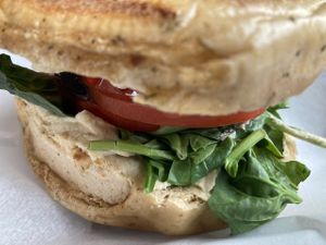 Bagel with veggies and hummus  at Cellar Door Coffee Co in Garrettsville