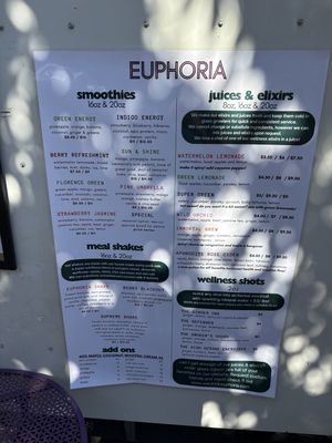 Juice/smoothie menu  at Euphoria Food Co  in Portland