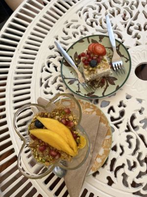 Mango mousse and a coconut and pistachio mousse  at House of Wonders in Cascais