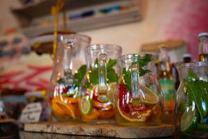 Our famous Sangria with the base of Passion fruit liquor and sparking wine. Fresh fruits from farm. at House of Wonders in Cascais