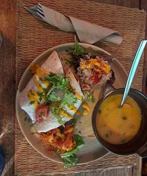 Black bean wrap and carrot spup at House of Wonders in Cascais