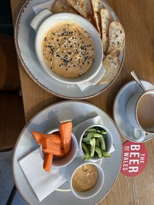 Hummus and crostini/cucumber & carrot sticks  at The Hats and Barrels  in Harverfordwest