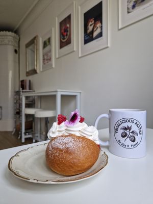 Rhubarb & raspberry maritozzi -- a beautiful creation. at Vegalicious Pastry in Helsinki