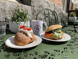 Maritozzo and sandwich + filter coffee with potato milk   at Vegalicious Pastry in Helsinki