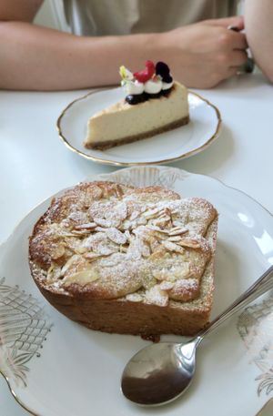 Almond cake and NY cheesecake   at Vegalicious Pastry in Helsinki